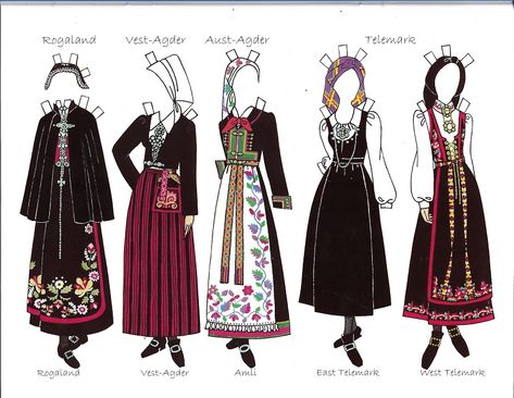 Norwegian Dress, Norwegian Clothing, Norwegian Bunad, Scandinavian Costume, Norwegian Fashion, Paper Doll Book, 1890s Fashion, Folk Clothing, Folk Dresses