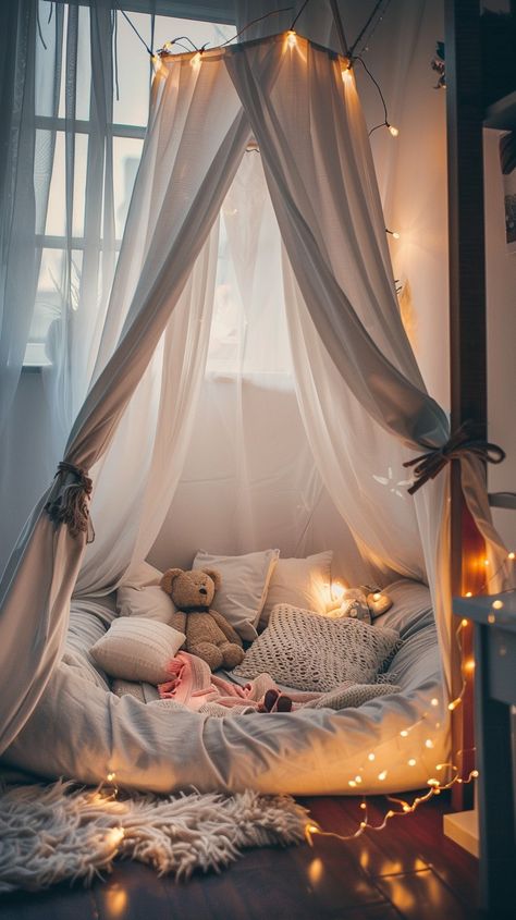 Download 'Cozy Reading Nook' - A cozy reading nook decorated with fairy lights, soft pillows, and sheer curtains by a window. - a stunning, high-resolution, royalty-free image from StockCake. AI-generated photos for any projects - perfect for enhancing your creative works. Canopy Sitting Area, Bedroom Reading Nook Ideas, Reading Corner Canopy, Nap Nook, Tent Reading Nook, Canopy Reading Nook, Dorm Makeover, Reading Canopy, Nook Bed