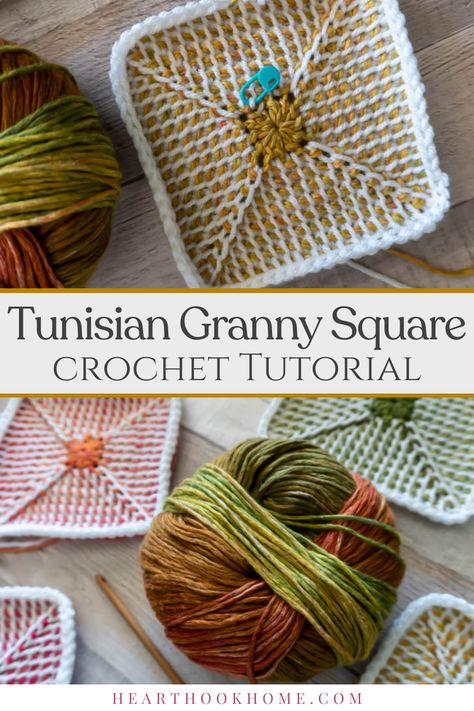 Tunisian Crochet Granny Square Tutorial Connecting Granny Squares, Double Ended Crochet, Crochet Granny Square Tutorial, One Skein Crochet, Granny Square Tutorial, Tunisian Crochet Patterns, Tunisian Crochet Stitches, Crochet Eyes, Crochet Washcloth