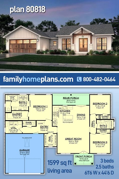 Bungalow, Country, Craftsman, Farmhouse, Ranch Style House Plan 80818 with 1599 Sq Ft, 3 Bed, 3 Bath, 2 Car Garage 1800 Sq Ft House Plans Farmhouse Ranch Style, House Plans 3 Bedroom 2 Bath, Rancher House Plans, Gable Accents, House Floorplan, 1500 Sq Ft House, Craftsman Farmhouse, Floor Plans Ranch, Basement House Plans