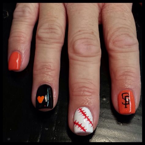 Acrylics with gel polish. Go Giants! Orioles Nail Design, Giants Nails Baseball, Baltimore Orioles Nails, Orioles Nails, Sf Giants Nails, Giants Nails, Baseball Nail Designs, Baseball Nails, Nails Only