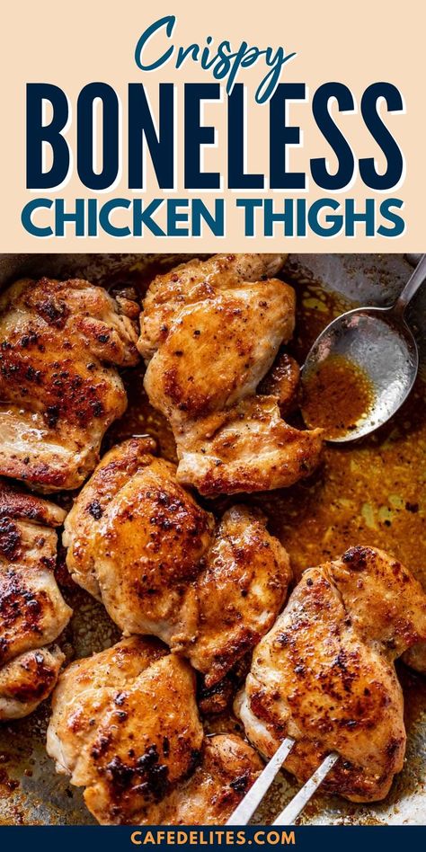 Crispy Boneless Chicken Thighs in a delicious, buttery garlic sauce is the weeknight dinner everyone raves about. Seared boneless chicken thighs cooked right on the stove top are ready in under 20 minutes. Golden garlic edges with juicy centres, swimming in a 5-ingredient sauce. You won’t believe how incredibly delicious this is with minimal effort! Crispy Boneless Chicken Thighs, Stove Top Chicken Thighs, Buttery Garlic Sauce, Chicken Thighs Dinner, Delicious Paleo Recipes, Easy Chicken Thigh Recipes, Chicken Thigh Recipes Crockpot, Boneless Chicken Thigh Recipes, Easy Chicken Dinner Recipes