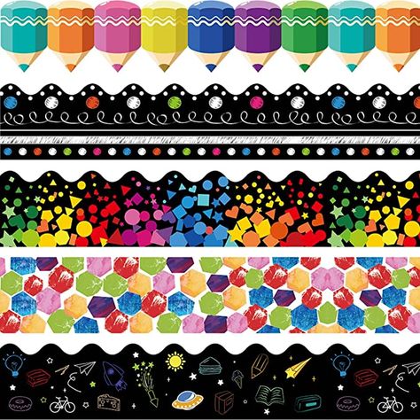 Bulletin Board Borders Decorations 90 Pieces 100 Feet, Scalloped Border Trim Colorful Bulletin Board Trim, 5 Kinds of Design Blackboard School Classroom Frame Boarders For Bulletin Boards, Colorful Bulletin Boards, Art Bulletin Boards, Spring Bulletin, Spring Bulletin Boards, Bulletin Board Borders, Students Day, Scalloped Border, Teacher Tools