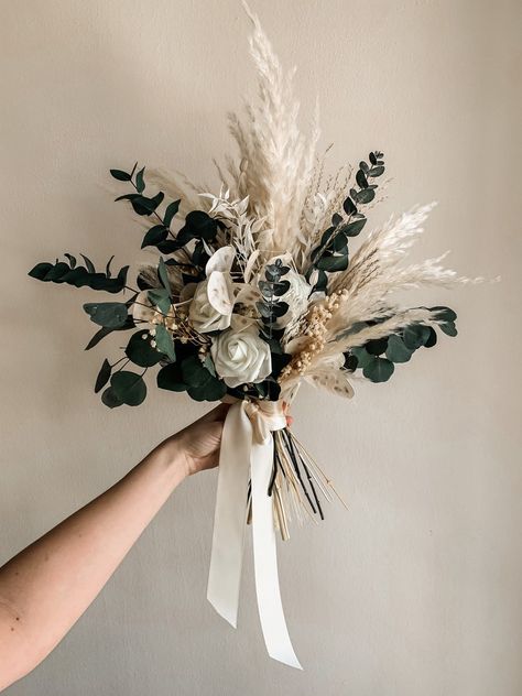 Pampas Wedding Bouquet Ivory White Wedding Bouquet Bridal - Etsy Pampas Greenery Bouquet, Rustic Bouquet Bridesmaid, Eucalyptus And Dried Flowers Wedding, Wedding Dry Flowers Decoration, White Rustic Wedding Bouquet, Pampas And Greenery Bouquet, Rustic Greenery Wedding Bouquet, Wedding Bouquets Dry Flowers, White And Green Boho Bouquet