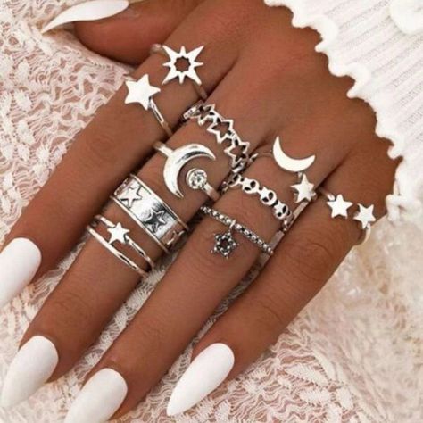 Celestial Silver And Crescent Moon 10 Piece Rings - Alloy - 10 Pieces - Approximately Size 6 Moon Star Ring, Star Rings, Crescent Moon Ring, Moon And Star Ring, Moon Decor, Sun Moon Stars, Moon Ring, Star Bracelet, Moon Jewelry