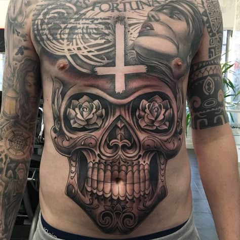 Stomach sugar skull tattoo design with roses Stomach Skull Tattoo, Skull Stomach Tattoos Men, Full Stomach Tattoos Men, Full Stomach Tattoos, Men’s Stomach Tattoos, Belly Tattoo Men, Mens Stomach Tattoo, Stomach Tattoos For Guys, Belly Button Tattoos