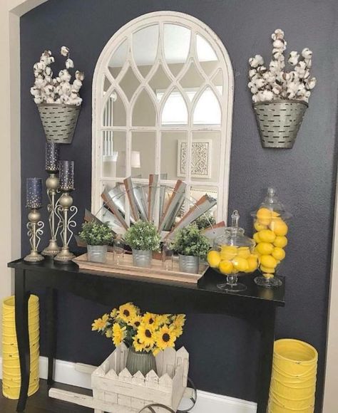 Grey and yellow home decor ideas using sunflowers Living Room Ideas Open Concept, Arched Wall Decor, Sunflower Home Decor, Stone Fireplaces, Open Concept Living Room, Yellow Home Decor, Fireplace Remodel, Living Room Remodel, Rustic Living