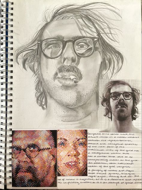 Artist Study Gcse, Chuck Close Gcse Sketchbook, Gcse Art Evaluation Page, Sketchbook Fillers, Chuck Close Artist Research, Gcse Observational Drawing Sketchbook Pages, Artist Copy Page Gcse, Chuck Close Art, A Level Portraiture Sketchbook Pages