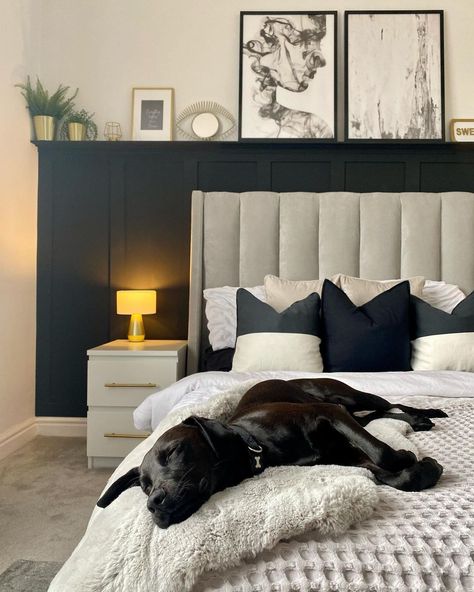 40 Amazing Halfwall Paneling Ideas For Your Home Bedroom Wall Paneling, Black Panel Bedroom, Panel Design Ideas, Bedroom Wall Panel, Spare Bedroom Decor, Paneling Ideas, Lounge Room Styling, Dark Blue Bedrooms, Restful Bedrooms