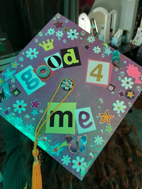 I wanted to make a fun design for my grad cap and this is what I came up with. Good 4 me for graduating #graduation cap inspo idea Olivia Rodrigo Graduation, Stranger Things Graduation Cap, Sour Olivia Rodrigo, Grad Cap Decorated, Grad Caps, Cap Decoration, Graduation Cap Decoration, Cap Decorations, Grad Cap