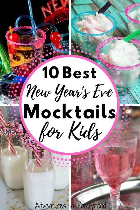 10 Best New Year's Eve mocktails for kids. Fun and easy to make. Perfect non alcoholic drinks for adults too #mocktails #partydrinks #newyearseve Kids New Years Eve Party Drinks, Kids New Years Eve Drink Ideas, Fun Kids New Years Eve Drinks, Nye Kids Mocktails, New Years Kids Mocktails, Fun New Year Drinks For Kids, New Years Mocktails For Kids, Kid Friendly Nye Drinks, Kids Nye Party Ideas Food