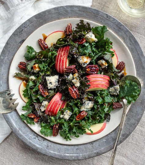 Kale Salad With Apple, Blue Cheese & Maple Pecans Maple Pecans, Maple Balsamic Dressing, Mesclun Salad, Pomegranate Vinaigrette, Mcintosh Apples, Maple Balsamic, Burrata Salad, Beautiful Salad, Apple Varieties