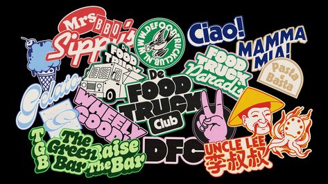 De Foodtruck Club | Visual Identity and Sublogos :: Behance Food Patches, Club Photoshoot, Bar Stickers, Music Cafe, Cookies Branding, Run Club, Sticker Design Inspiration, Sticker Retro, Green Bar