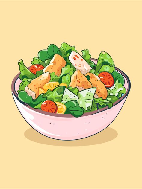 chicken caesar salad vector illustration. clean line and color clip art for menu, poster, web Caesar Salad Drawing, Salad Bowl Illustration, Salad Drawing Illustration, Salad Drawing Easy, Food Illusion, Salad Logo, Salad Illustration, Salad Drawing, Dinner Drawing