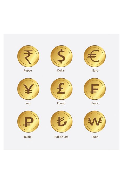 World Currency Gold Coins Vector Eps Cafeteria Design, World Currency, Currency Symbol, Golden Coins, Currency Design, Golden Coin, About World, Gold Money, Coin Set