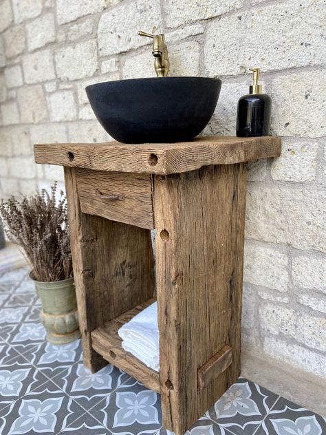 Tiny Bathroom Vanity Rustic, Stone Sink Bathroom, Off Center Sink Bathroom Vanity Rustic, Tinyhiuse Bathroom Vanity, Sink On Rustic Shelf, Rustic Cedar Bathroom Vanity, Pool House Bathroom, Old Wood Projects, Stone Bathroom Sink