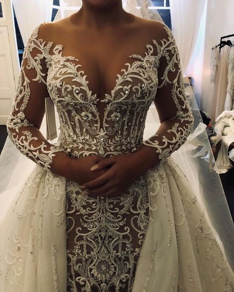 See Thru Wedding Dress, Dresses With Overskirt, Long Sleeve Wedding Gowns, Detachable Train, Fancy Wedding Dresses, Beautiful Wedding Gowns, Mermaid Wedding Dresses, Dream Wedding Ideas Dresses, Stunning Wedding Dresses