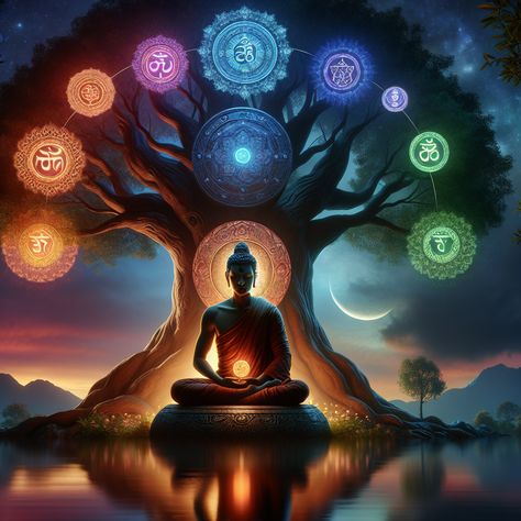 Under a vibrant Tree of Life, a meditating Buddha radiates tranquility, awesome ancient symbols engraved in the bark. Glowing chakras dance around in metaphysical harmony. Witness the ethereal transition from tranquil dawn to dazzling night, embodying stages of enlightenment. #BuddhistArt #MeditationArtwork #SpiritualJourney #TreeOfLifeDesign #ChakraImagery Meditation Chakras Wallpaper, Buddha Meditation Wallpaper, Chakra Art Wallpaper, 7 Chakras Wallpaper, Metaphysics Art, Buddha Meditation Art, Meditation Wallpaper, Bodhi Tree Art, Buddha Enlightenment