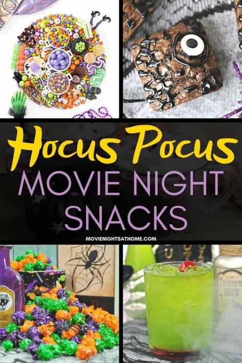 Halloween Themed Movie Night Ideas, Hocus Pocus Food Ideas, Movie Night Recipes, Movie Night Disney, Hocus Pocus Movie Night, Halloween Movie Night Party, Movie Dinner, Disney Movie Night Dinner, Movie Night Dinner