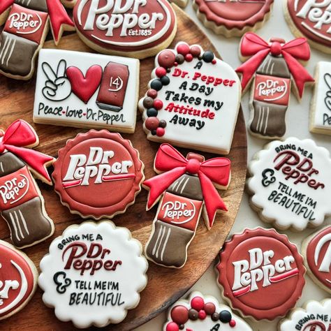 13 Cookies Decorated, Dr Pepper Cookies Decorated, Dr Pepper Party Decorations, Dr Pepper Themed Party, Dr Pepper Birthday Party Ideas, Dr Pepper Cookies, Dr Pepper Birthday, Dr Pepper Party, Pepper Cookies