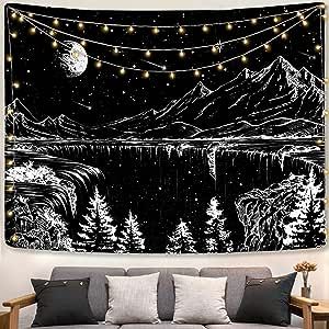 Zussun Black and White Tapestry Starry Night Mountain Tapestries for Bedroom Aesthetic Moon and Stars Tapastry's Wall Hanging Dark Nature Forest Wall Tapestry for Living Room Dorm (Black, 48'' × 36'') Aesthetic Moon And Stars, Black And White Tapestry, Celestial Tapestry, White Tapestry, Aesthetic Moon, Mountain Tapestry, Star Tapestry, Dark Nature, Flower Tapestry