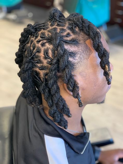 4strand Twist Dreads, Locs Hairstyles For Black Man, Dread Hairstyles For Men Ponytail, Men Dreads Styles Black Man Medium, Dread Sections, Medium Length Dread Hairstyles For Men, Shoulder Length Dread Hairstyles For Men, 4 Barrel Twist Locs Men, Styles For Dreads Men