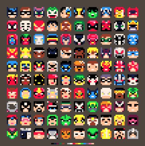 8x8, 100 superhero faces, pico8 color palette on Behance Image Pixel Art, Melty Bead Patterns, Pixel Art Tutorial, Arte 8 Bits, Art Games, Tiny Cross Stitch, 8bit Art, Cool Pixel Art, Pixel Drawing