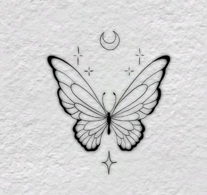 June Butterfly Tattoo, Zodiac Butterfly Tattoo, Butterfly Tattoo Moon, Butterfly Tatoos Woman, Stencil Tattoo Ideas For Women, Moon With Stars Tattoo, Moon And Butterfly Tattoo, Tattoo Stencils For Women, Stencil Tattoo Ideas