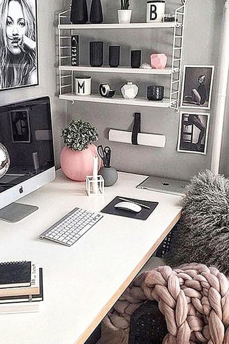 Converting a corner of your bedroom into a small home office area or workspace. Smart home office ideas for work from home moms and students. Love the gray and white decor theme of this home office - the pink accents are perfect! #Homeofficeideas Office Decor Ideas For Women, Office Ideas For Work, Feminine Home Office Ideas, Wfh Office, Office Boss, Home Office Ideas For Women, Feminine Home Offices, Bed Interior, Office Themes