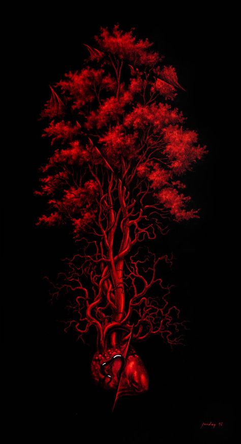 Red River, A Tree, Black Background, A Black, Human, Red, Black, Art