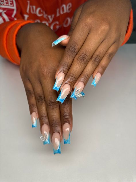 acrylics | blue | french tip | butterfly French Tip Butterfly, Acrylics Blue, Blue Butterfly Nails, Powder Blue Nails, Bandana Nails, Blue French Tip, Royal Blue Nails, Blue French Tips, Birthday Inspo