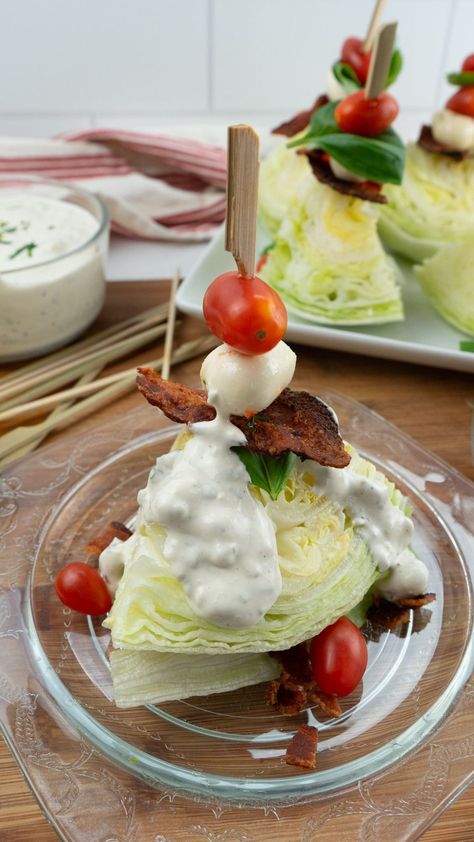 Wedge Salad Skewers, Mini Wedge Salad, Kentucky Derby Appetizers, Homemade Ranch Salad Dressing, Mini Salad, Tomato Skewers, Lettuce Wedge, Salad Skewers, Cheese Salad Dressing