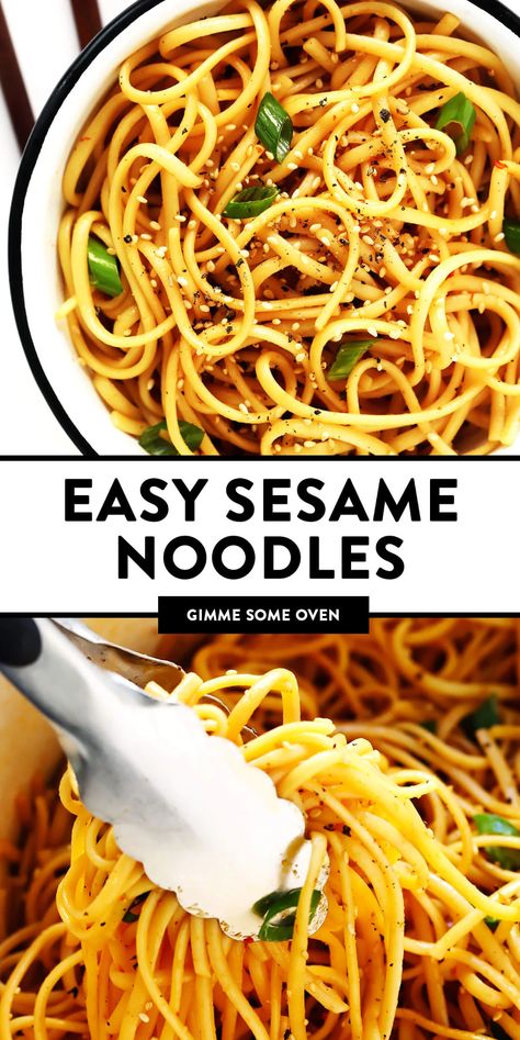 This 15-Minute Sesame Noodles recipe is super easy to make is just as delicious served warm or cold as a side dish. Feel free to add in extra veggies and/or proteins (such as chicken, beef, shrimp, tofu, etc.) to make it a main course! | gimmesomeoven.com #noodles #sesame #side #sauce #chinese #dinner #pasta Easy Chinese Side Dishes, Chicken Sesame Noodles, Chinese Pasta Recipes Noodles, Asian Sesame Noodles, Cold Asian Noodle Recipes, Easy Asian Side Dishes, Noodles Side Dish, Seasame Noodles, Noodle Side Dish Recipes