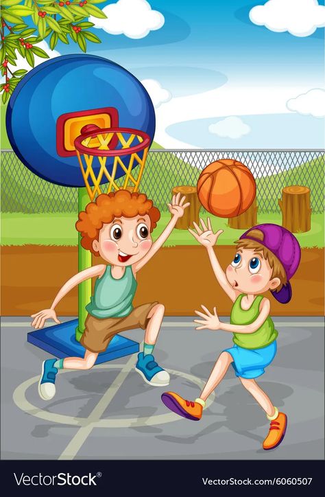 Two boys playing basketball outside vector image Playing Basketball Illustration, Boys Playing Basketball, Kids Playing Basketball, Basketball Plays, Two Boys, Happy Cards, Playing Basketball, Boys Playing, Kids Art Projects