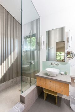 Saint Helena, CA Ultra-Modern Guest House Alternative Shower Walls, Corrugated Tin Backsplash, Bathroom Demo, Tin Backsplash Kitchen, Minimalist Small Bathrooms, Corrugated Metal Wall, Small Farmhouse Bathroom, Bathroom Dream, Simple Cottage