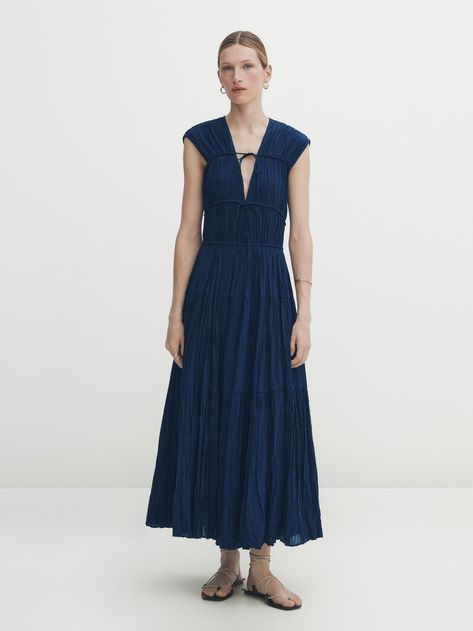 Pleated dress with tie details - Navy blue | ZARA United States Rich Girl Fashion, Minimalism Style, Massimo Dutti Women, All Shades Of Blue, Summer Dressing, Spring Summer 23, Marine Uniform, 2024 Spring Summer, Flowing Dresses