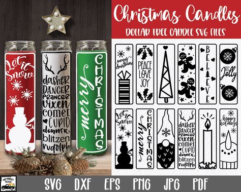 "Christmas Candles SVG Bundle #2 - Dollar Tree Candle File - Christmas Candle Design - Christmas Pillar Candles - Glass Candle Thank you for visiting OldMarket Square! These candle files are designed for the Dollar Tree pillar candles. The design covers the front of the candle and is sized to approximately 6 x 1.8\". There are 12 different designs included in this bundle. ➳ ➳ ➳ IMPORTANT ➳ ➳ ➳ Please read before purchasing! This is a digital product, NO physical product will be sent. This file i Candle Svg, Dollar Tree Candles, Candle Design, Tree Candle, Designer Candles, Dollar Tree Crafts, Tree Crafts, Silhouette Studio Designer Edition, Christmas Candles