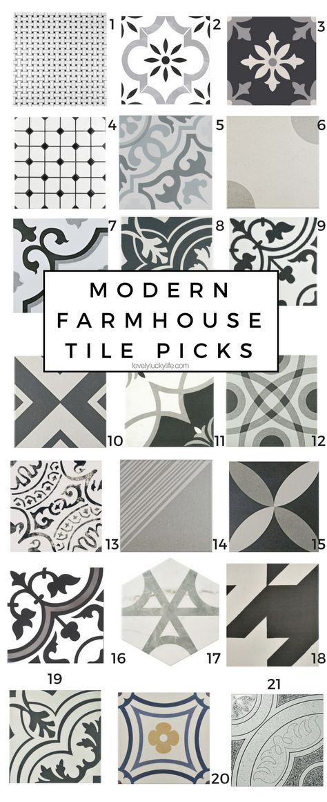 Modern Farmhouse Patterned Tile Picks - Tile for Our Laundry Room - Lovely Lucky Life Modern Farmhouse Tile, Laundry Room Farmhouse, Laundry Room Tile, Kain Tile, Tile Options, Patterned Tile, Laundry Room Flooring, Farmhouse Flair, Farmhouse Tile