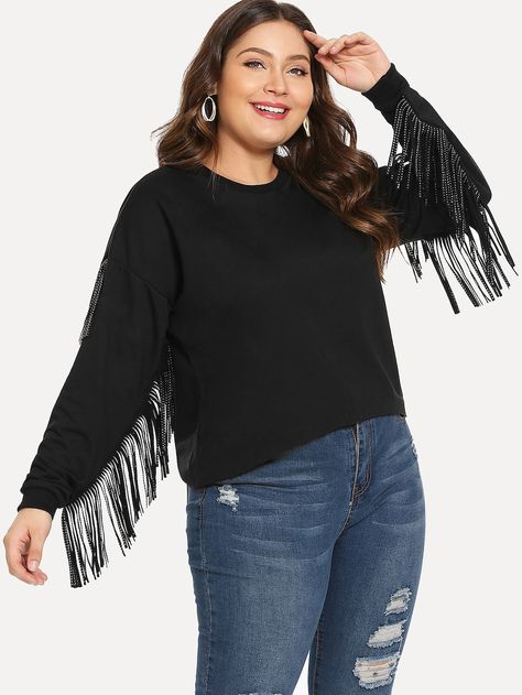 Plus Solid Fringe Sweatshirt -SheIn(Sheinside) Elegant Black Fringe Outerwear, Black Long Sleeve Fringe Shirt, Fitted Black Fringe Outerwear, Casual Cotton T-shirt With Fringe, Fringe Sweatshirt, Nice Shoes, Bell Sleeve Top, Plus Size, Sweatshirts