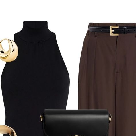 Sleeveless Mock Neck, Shirt Outfits, Brown Trousers, Soft Life, Brown Shirt, Chic Office, Mock Neck Top, Black Sleeveless, Sophisticated Style