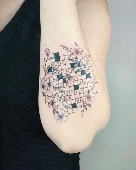 I loved designing this one for you Madison! Crosswords in honor of her grandma, words are written with her handwriting 💐 Memory Tattoo Ideas, Tattoos Grandma, Puzzle Tattoo, Watercolor Compass Tattoo, Grandma Tattoo, Grandma Tattoos, Puzzle Tattoos, Fun Tattoos, Nice Tattoos