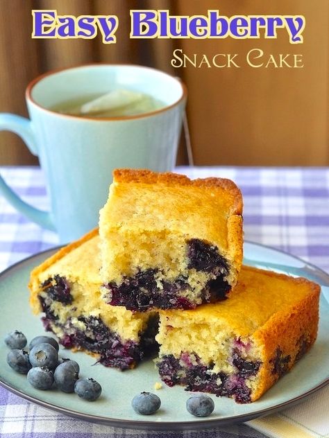 Blueberry Snack Cake - an easy to make, moist, buttery snack cake with plenty of ripe blueberries baked right in. Great for packed lunches and after school snacks. Blueberry Cake Filling, Moist Blueberry Cake, Healthy Blueberry Cake, Blueberry Snacks, Blueberry Cake Mix, Newfoundland Recipes, Warm Desserts, Blueberry Cake Recipes, Rock Recipes