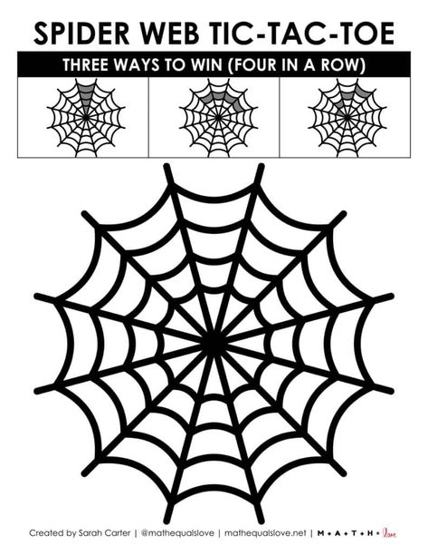 Spider Web Tic-Tac-Toe is a fun twist on the classic pencil and paper game for the Halloween season. Who will be the first to get four in a row on the spider web? Math Stem Activities, Spider Games, Halloween Math Games, Halloween Math Worksheets, Halloween Math Activities, Halloween Class Party, Challenge Ideas, Math Stem, Early Finishers Activities