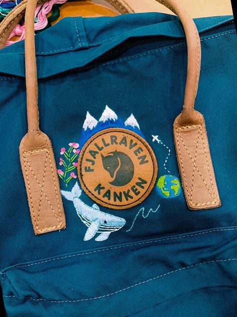 Embroidery Designs Backpack, Fjallraven Kanken Embroidered Diy, Embroided Backpacks, Embroidered Kanken Backpack, Embroidery Fjallraven Kanken, Embroidery Kanken Bag, Kanken Embroidery Diy, Embroidered Fjallraven Kanken, Embroider Backpack