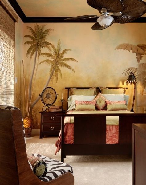 Eye For Design: Tropical British Colonial Interiors Decorated with tompe l'oeil subtle illusion on the wall Tropical British Colonial Interiors, British Colonial Interiors, African Bedroom, Tropical British Colonial, Safari Bedroom, British Colonial Decor, Colonial Interior, Tropical Bedrooms, Colonial Design