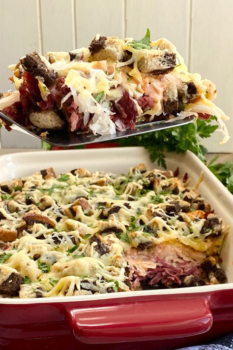 Crazy Good Reuben Casserole ~ amycaseycooks 1000 Island Dressing, Easy Scallop Recipes, 1000 Island, Reuben Casserole, Eggplant Parmesan Baked, Reuben Sandwich, Tally Ho, Baked Eggplant, Scallop Recipes