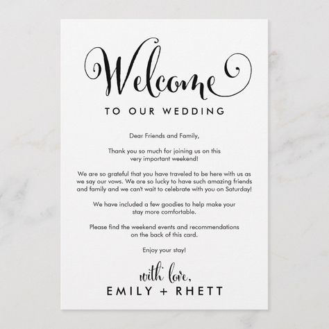 These southern belle wedding welcome letter & itinerary cards are perfect for a modern wedding. The minimalist design features rustic yet elegant black and white typography with whimsical flourishes for a simple look. The front of the card features a welcome letter and the back of the card features the wedding itinerary. These notes are perfect for destination weddings and hotel guest welcome bags. Southern Belle Wedding, Wedding Welcome Letter, Wedding Welcome Letters, Romantic Wedding Centerpieces, Program Wedding, Destination Wedding Welcome Bag, Welcome Letter, Rustic Elegant Wedding, Welcome Card