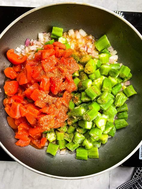 Southern Okra and Tomatoes + {VIDEO} Tomatoes Okra And Corn Recipe, Fresh Okra And Tomatoes Recipe, Southern Okra And Tomatoes Recipe, Stewed Okra And Tomatoes With Chicken, How To Cook Fresh Okra From The Garden, Tomato And Okra Recipes, Stewed Okra And Tomatoes Southern, Okra And Tomatoes Easy, Okra Tomatoes Recipe