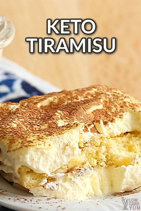 An easy keto tiramisu dessert recipe that tastes just like the real thing! But it's made with gluten-free lady fingers and low-carb custard. Keto Tiramisu, Gluten Free Tiramisu, Tiramisu Dessert, Low Carb Cake, Postre Keto, Diet Desserts, Tiramisu Cake, Tiramisu Recipe, Keto Cake