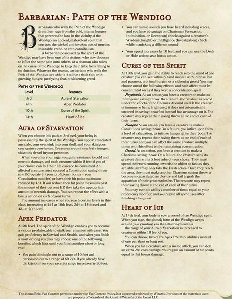 (Barbarian) Path Of The Wendigo Dnd Homebrew Classes 5e Barbarian, Barbarian Subclass Homebrew, Dnd Barbarian Subclasses, 5e Classes, Homebrew Spells, Dnd Barbarian, Homebrew Classes, Iron Burn, Barbarian Dnd